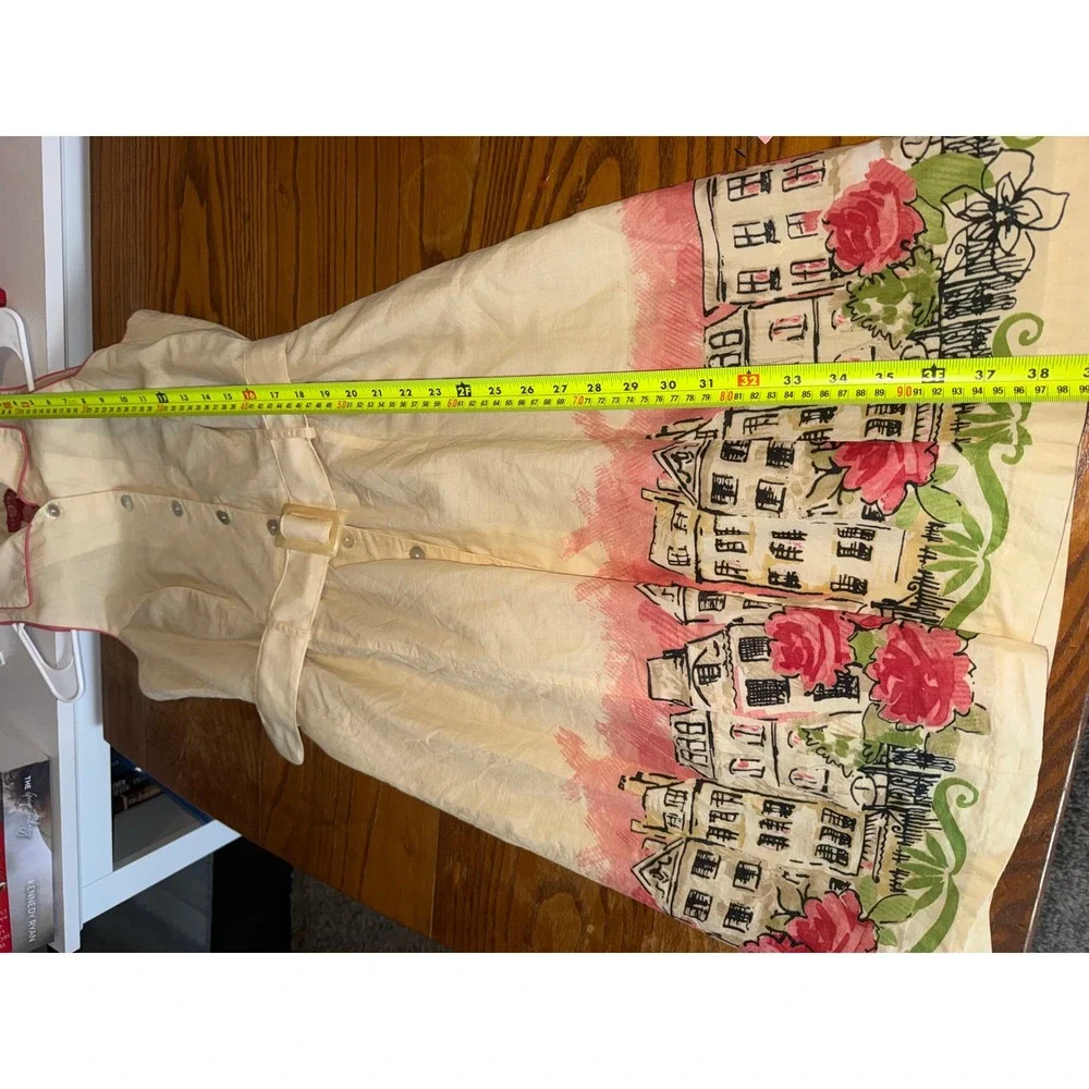 Sangria Yellow Cotton Belted Shirt Dress Paris Border Print Rose Houses - Picture 7 of 7